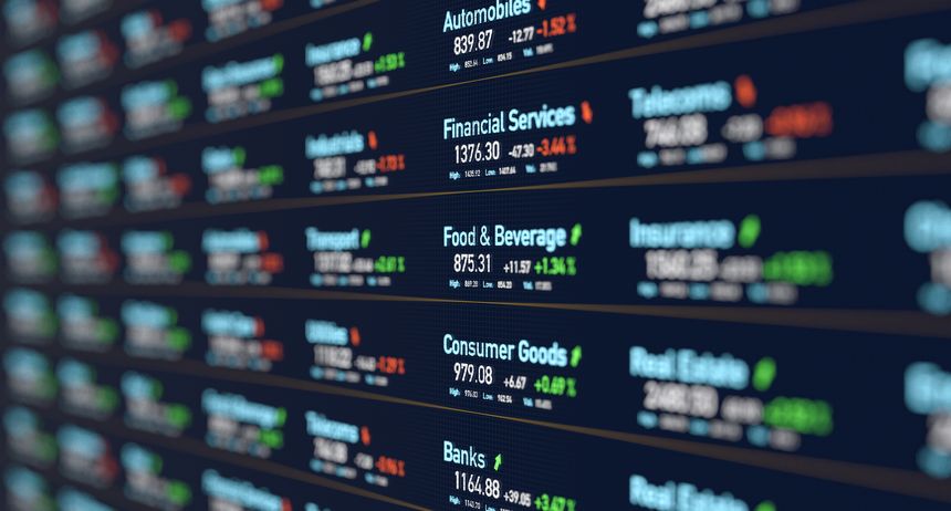 Industrial sectors, financial services, food and beverage, banks, consumer goods, stock market information. Trading screen, investing, market data, investments, risks, prices, percentage changes.