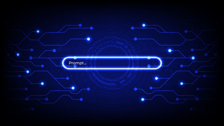 Artificial intelligence concept with glowing search bar and prompt text on futuristic technology circuit, I drew this by myself, it's not AI generated.