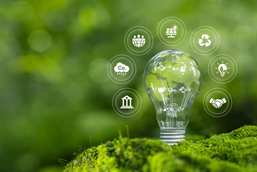 Sustainable Environment concept. ESG, green energy. Carbon emission low neutral, net zero, renewable energy, Green business, Climate neutral long term strategy on a green background.