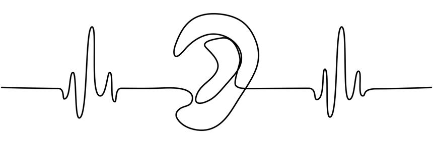 Continuous line drawing of human ear with sound waves. Hearing and listening concept. Vector illustration isolated on white.