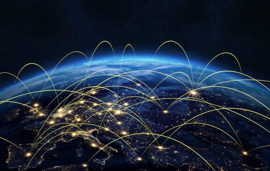 Digital connections around the world. Earth at night with network lines, global communication, data transfer, internet connectivity. International flights and airlines. This image elements furnished by NASA. ______ Url(s):https://science.nasa.gov/earth/earth-observatory/earth-at-night/maps/https://images.nasa.gov/details-iss064e055946https://svs.gsfc.nasa.gov/30028Adobe Photoshop CC 2023. Optical Flare. Adobe After Effects CC 2021. 3ds Max 2016