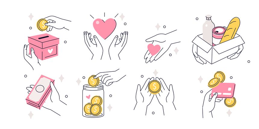 Character hands holding coins, banknotes, money jar, food box. Charity, donation, finance, humanitarian assistance concept set. Vector illustration.