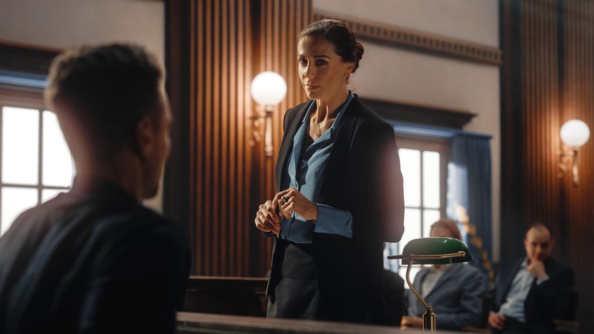 Court of Justice and Law Trial: Female Public Defender Presenting Case, Asking Male Witness in Front of Judge and Jury. Multiethnic Attorney Lawyer Protecting Client Against Crime, Injustice.