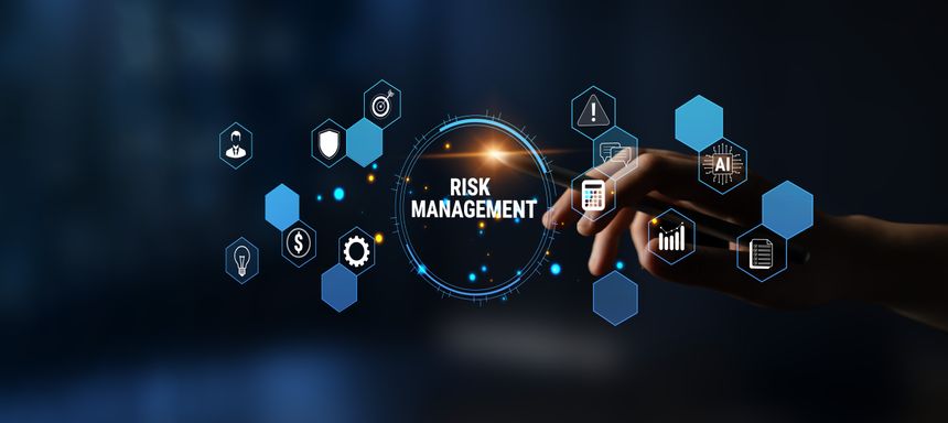 Modern digital illustration of risk management showcasing various technology icons and elements, perfect for business and financial presentations and analyses.