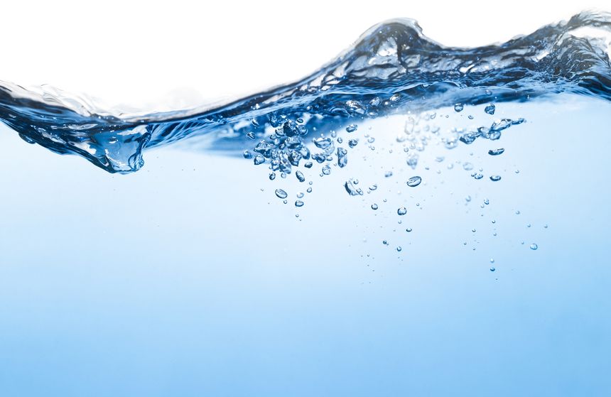 Splashing Water Wave. Air Bubbles Float Up in Clear water. Pure Drinking Water, Oxygen Relaxation. Blue Water Textured on White Background.