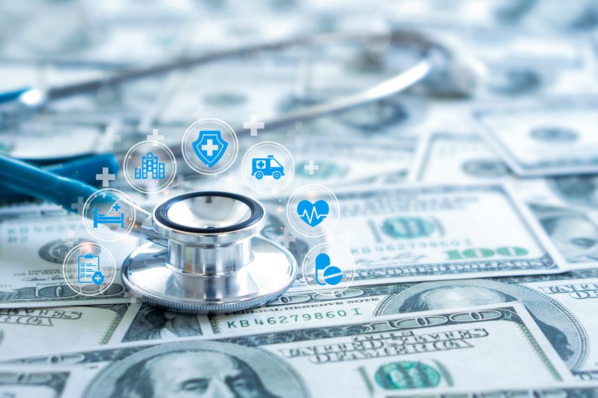 Health insurance and medical welfare concept. Stethoscope with health care icon on dollar bill background. The cost of healthcare. Medical technology, health insurance business.