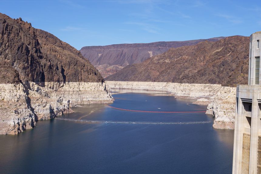 Lake Mead low water levels, bathtub rings, during drought viewed from Hoover Dam