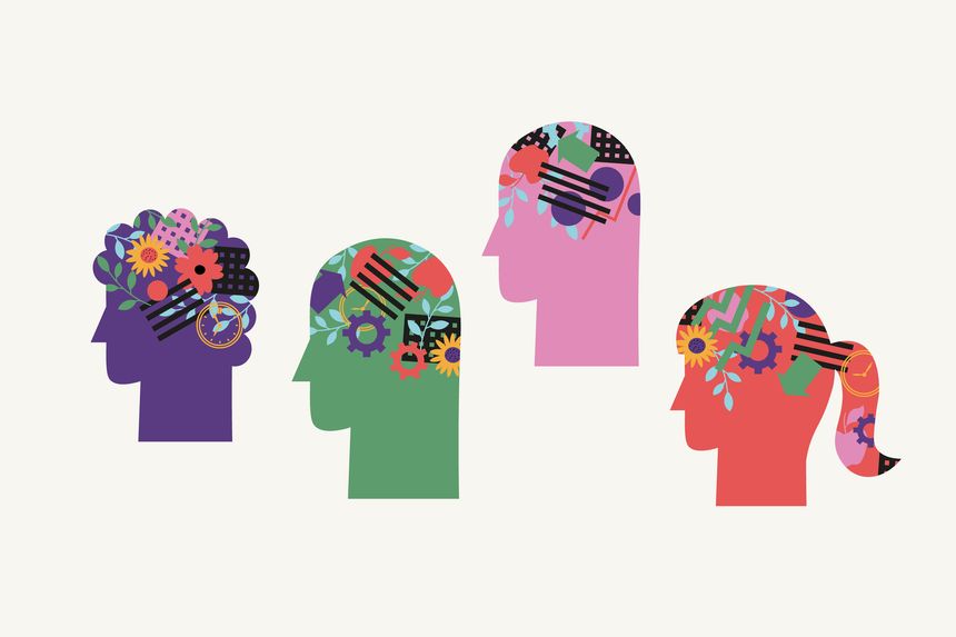 Diverse human heads with different patterns. Neurodiversity concept showing mental health and unique brain functions. Individuality, personality, human identity. Vector cartoon isolated illustration