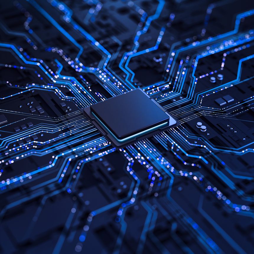 Processor chip on circuit board with copy space for design.