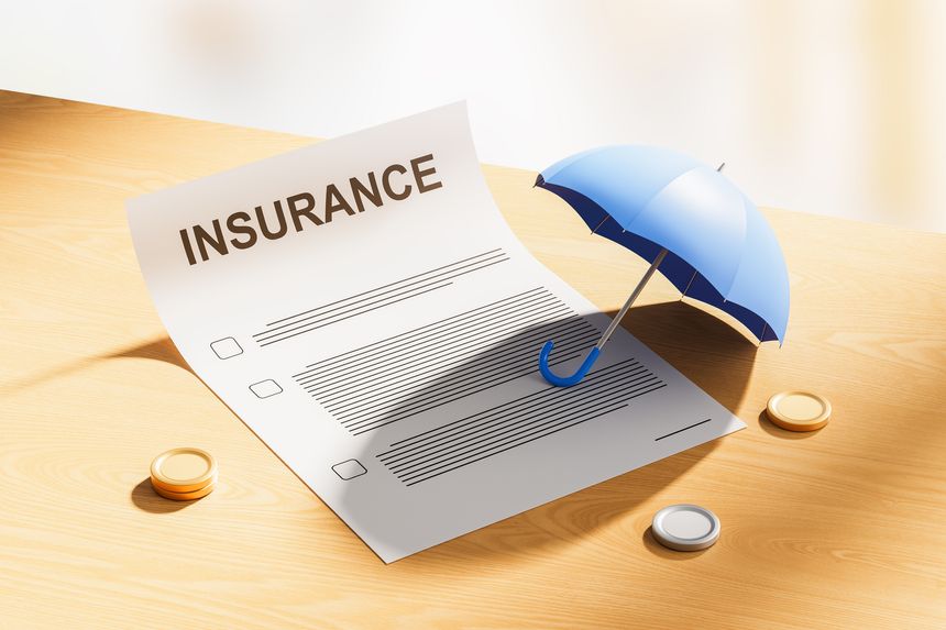 Insurance document with a blue umbrella and coins on a wooden surface, 3D Rendering style, symbolizing insurance protection concept in finance