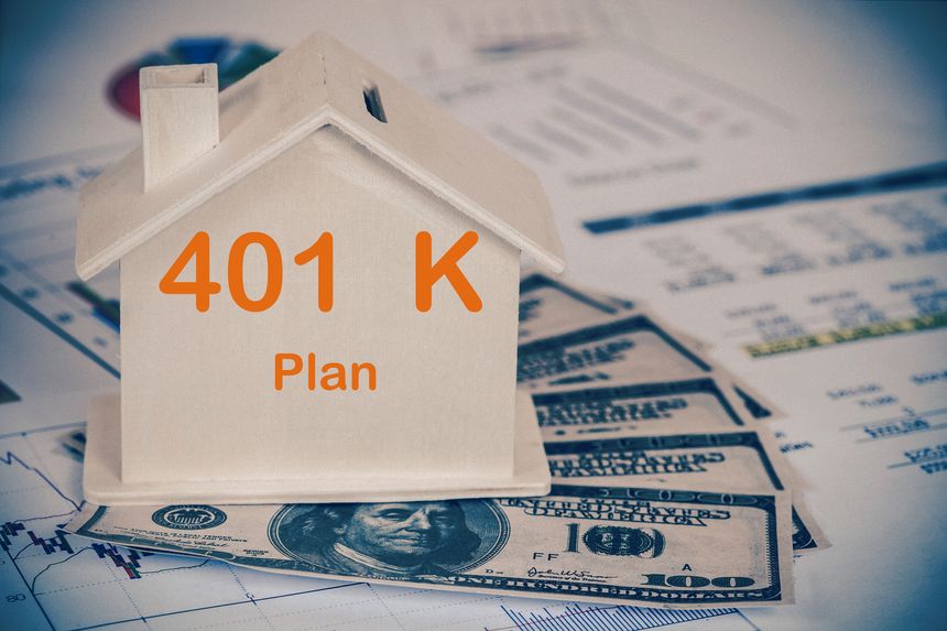 401 k Plan text on house with money and chart ,business concept.