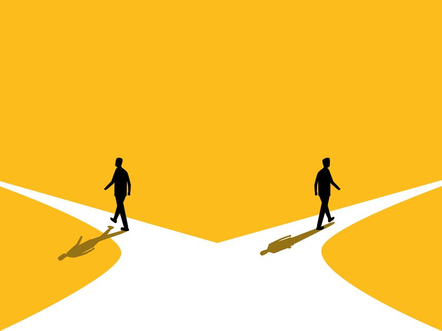 Business Conflict, Two businessmen walking in different directions.