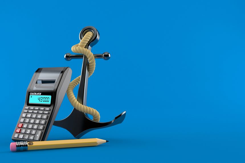 Anchor with calculator and pencil isolated on blue background. 3d illustration