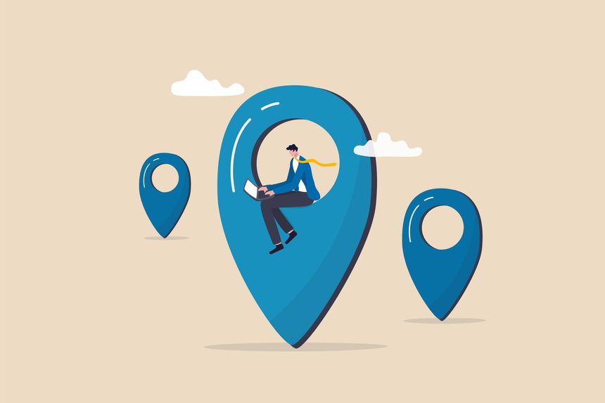 Remote job or distance work, virtual office or working anywhere, freelancer or online office, oversea employee concept, businessman working remotely with computer laptop on location map pin.