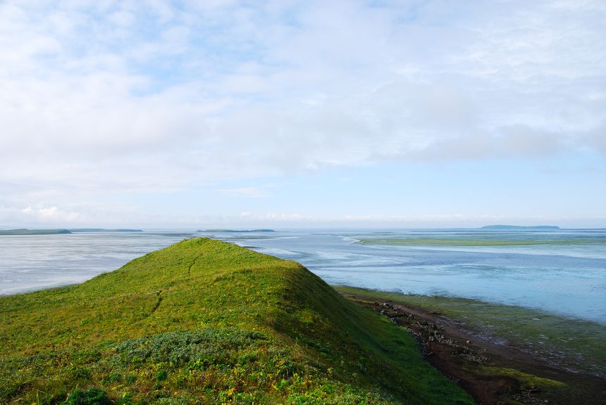 view of coastline near a gazebo viewing station for wildlife and miratory birds of the Izembek Wildlife Refuge at the end of the Alaska Peninsula near Cold Bay, Alaska.