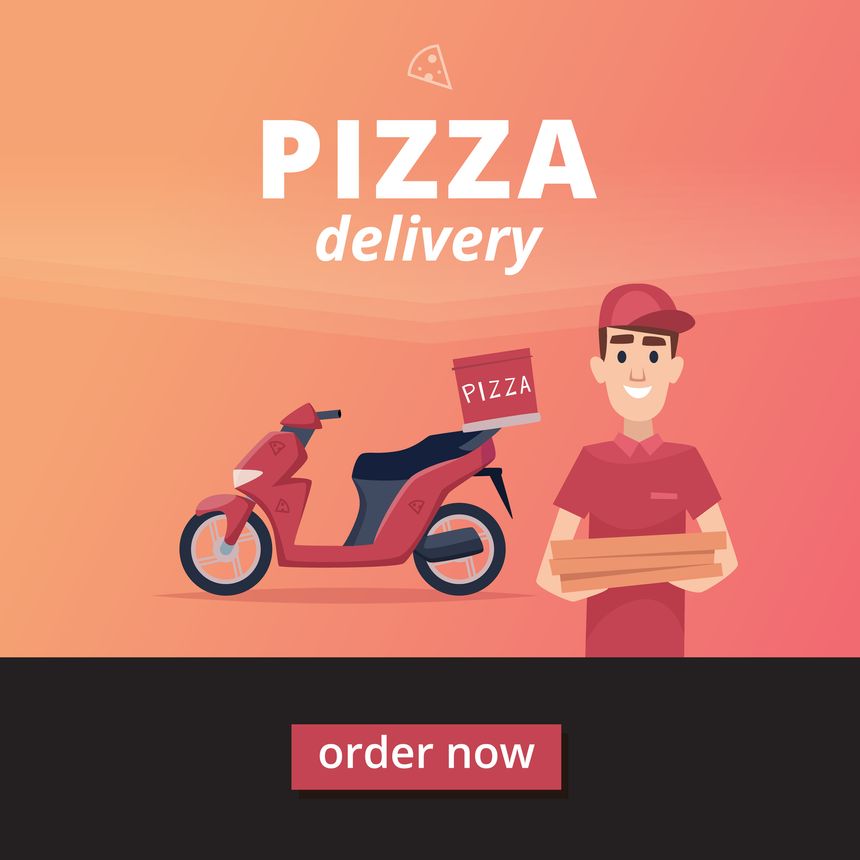 Pizza. delivery man standing with fresh pizza in cardboard packages. web banner template for ordering original artwork