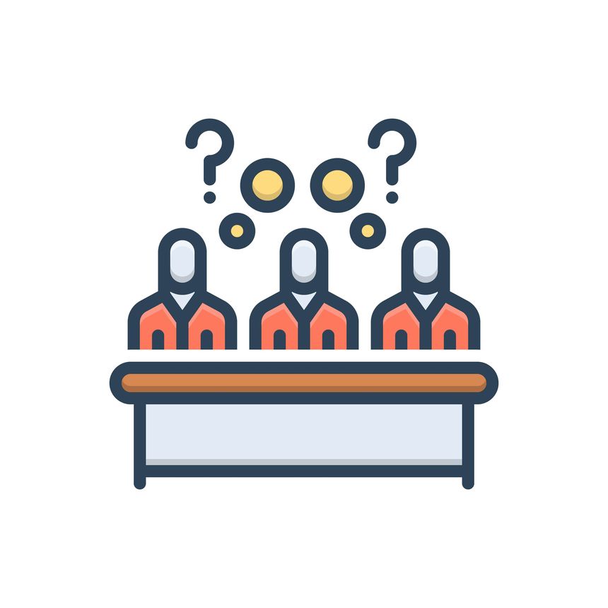 Icon for deliberation, consideration, mentation, jury, arbitrator, committee, council, critics, think, question, query