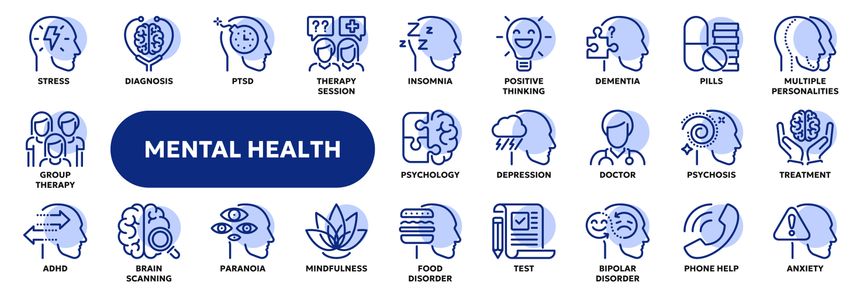 Set of vector line icons related to mental health therapy, psychology, depression and anxiety. Symbols for website or app UI, logo design, illustration