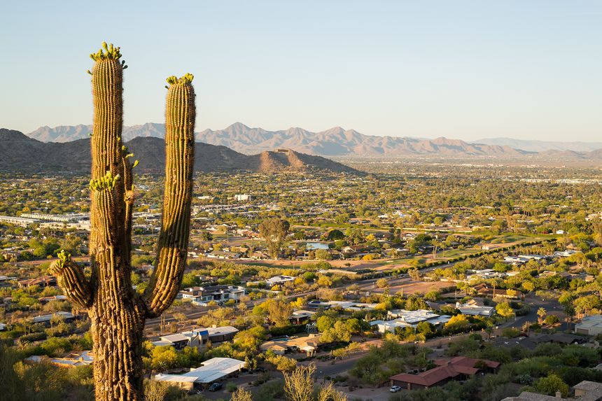View from Echo Canyon walking trail looking out over Paradise Valley housing with Saguaro cactus in the foreground and mountain ranges in the distance