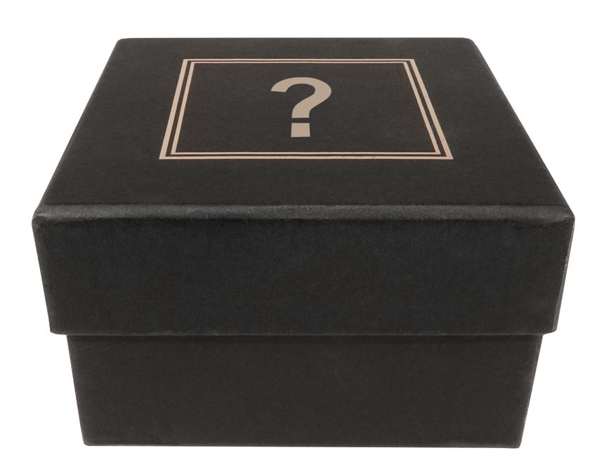 This is a mysterious cardboard black box closed with question mark secret container.