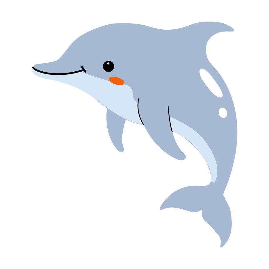 A cute, light blue dolphin with black outlines is shown on a white background. The dolphin is jumping with a sweet expression and a cute, orange cheek.