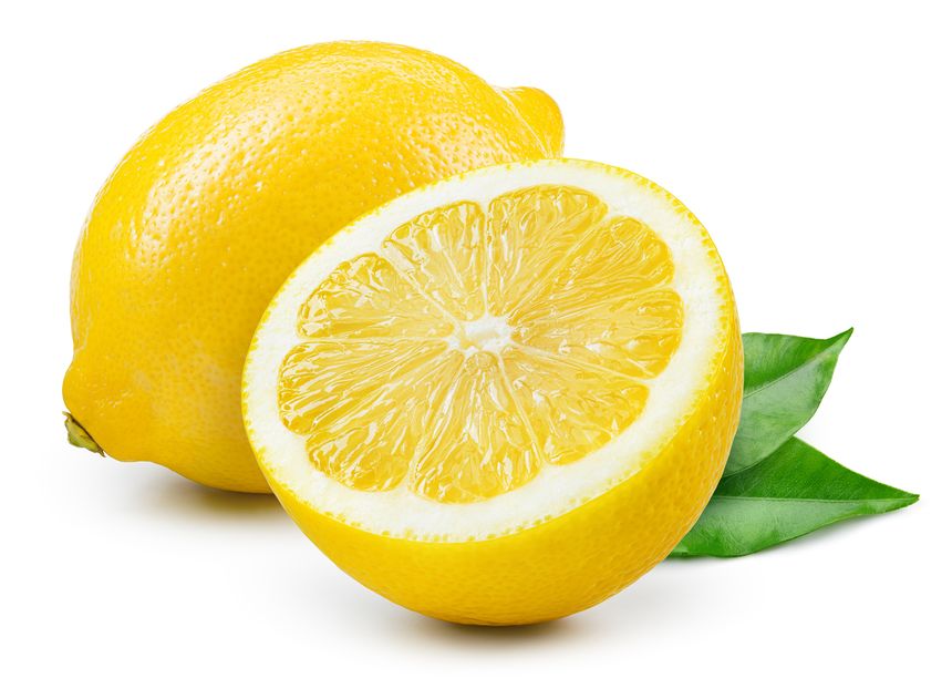 Lemon fruit with leaf isolated. Whole lemon and a half with leaves on white background. Lemons isolated. With clipping path. Full depth of field