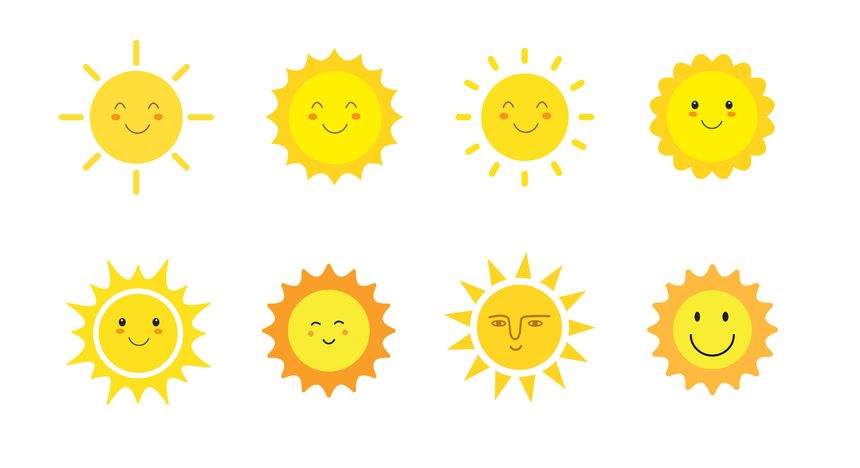 Sun smile icon set. Happy smiling sun. Cute sun. Sunshine emoji. Funny emotion. Vector illustration