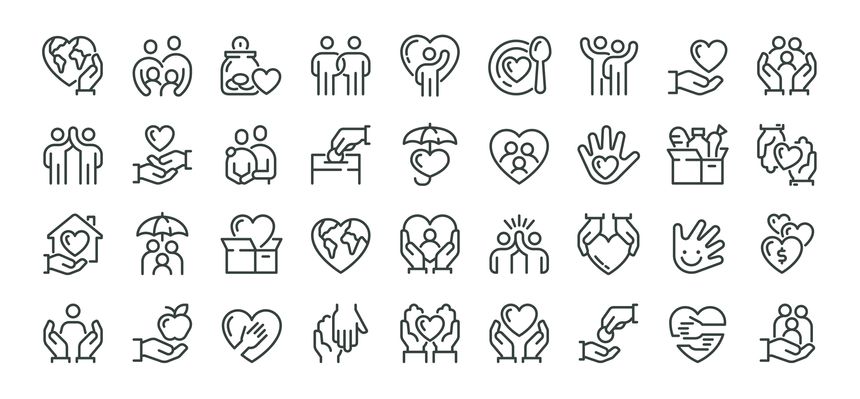 Charity human care outline icons pack. Line signs volunteering and social help, support kindness or friendly relations. Thin vector icons set perfect for web app infographic business social projects.