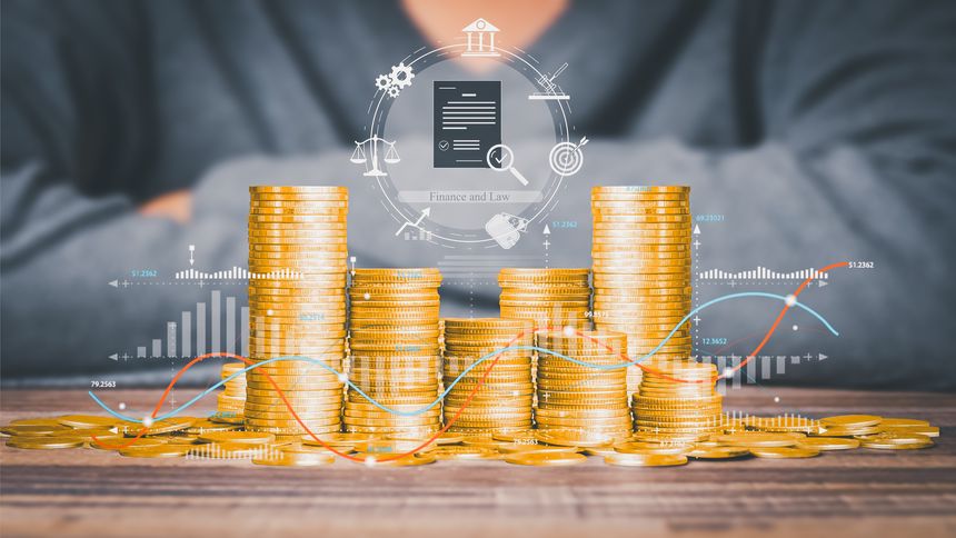 A person stands behind stacks of gold coins with a virtual interface showing finance and law icons, symbolizing investment, financial regulation, and wealth management.