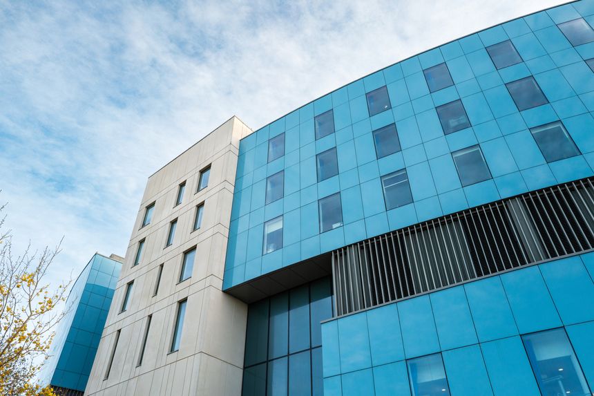 Abstract view of the newly built Royal Papworth hospital showing its modern and curved design. Both wards and operating theatres are within the building.