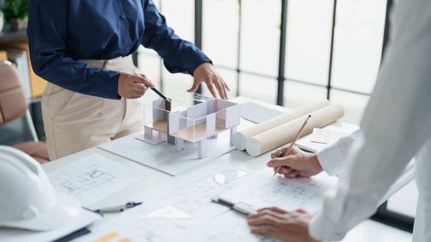 Architecture drawing on architectural Creative project business architecture building construction Industrial engineering Achievement Planning Design on blueprint eco