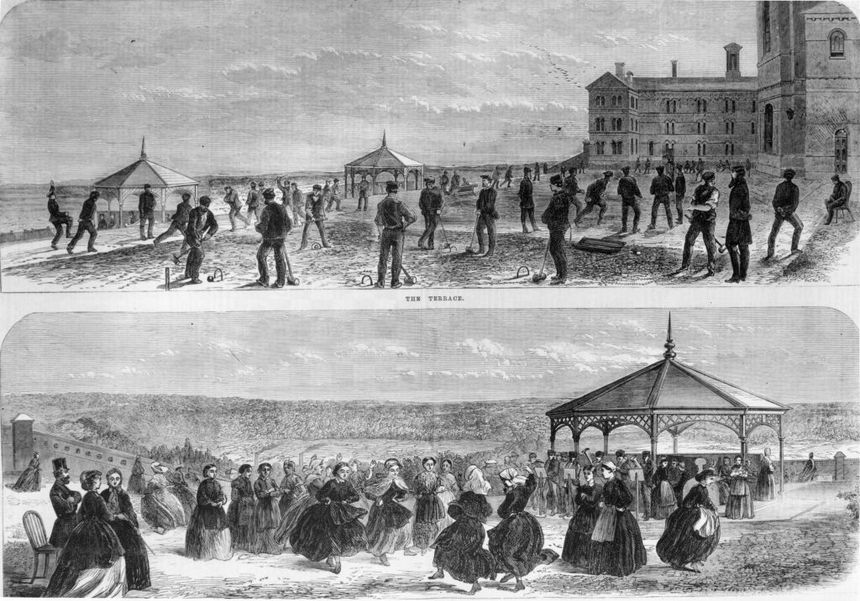 July 1867:  Male and female patients indulging in outdoor leisure pursuits on the terrace at Broadmoor, a hospital for the criminally insane in Berkshire. The men play croquet while the women perform a country dance. Original Publication: Illustrated London News - pub. 1867  (Photo by HultonArchive/Illustrated London News/Getty Images)