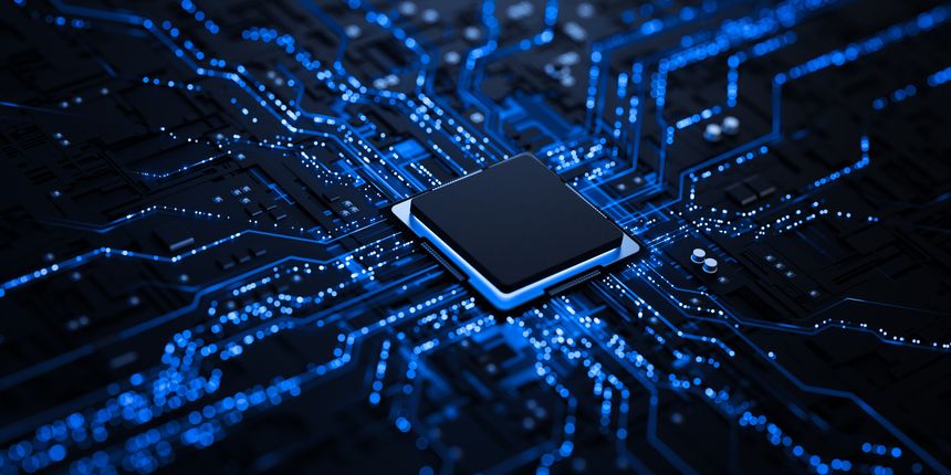 Processor chip on circuit board with copy space for design.