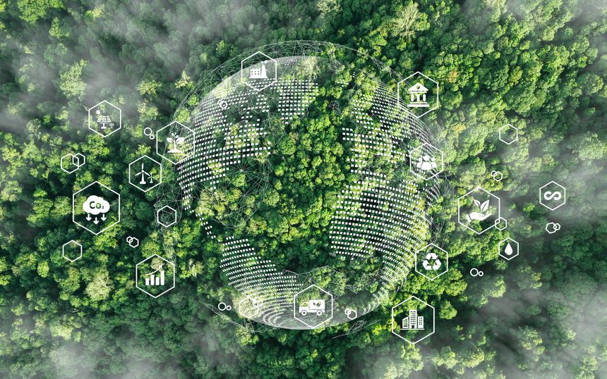 Aerial top view of green forest with icon sustainable environment, technology renewable energy, logistics or transportation, Net zero carbon neutrality, supply chain circular economy and ESG concept.