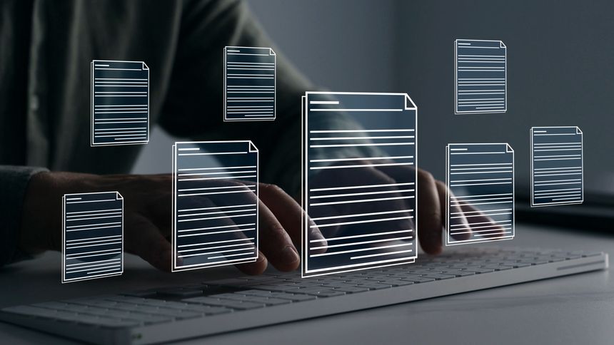 Document management system with file folders and archive storage. Digital organization helps manage records, data and business information