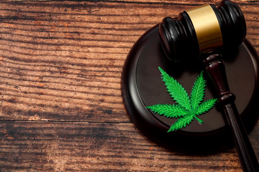 Legal weed, decriminalized pot or felony conviction for possession of a schedule one drug concept theme with a marijuana leaf and a wooden gavel isolated on wood background with copy space