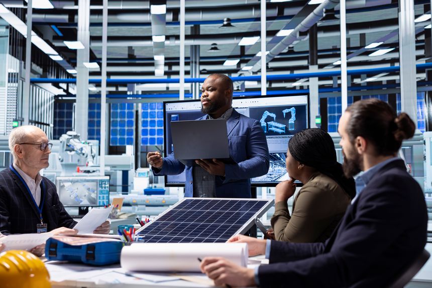 Investor presents sustainable manufacturing solutions to factory executives. Man doing pitch for innovative solar panel production automation technologies to industrial plant management executives