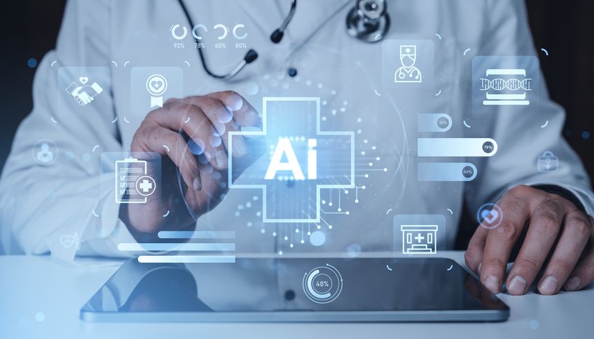 Doctor interacting with AI healthcare interface, futuristic graphic style, transparent tech background, concept of artificial intelligence medical assist