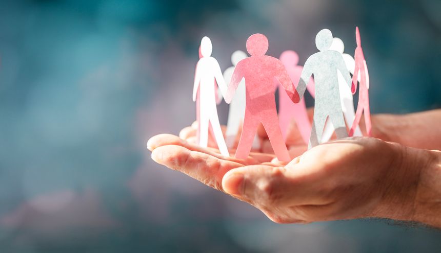 Paper chain friends, teamwork, diversity, family or business community, hand holding and protecting