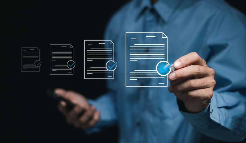 Digital checklist documents and Online business assessments, Businessman checking electronic documents and approval checklist.