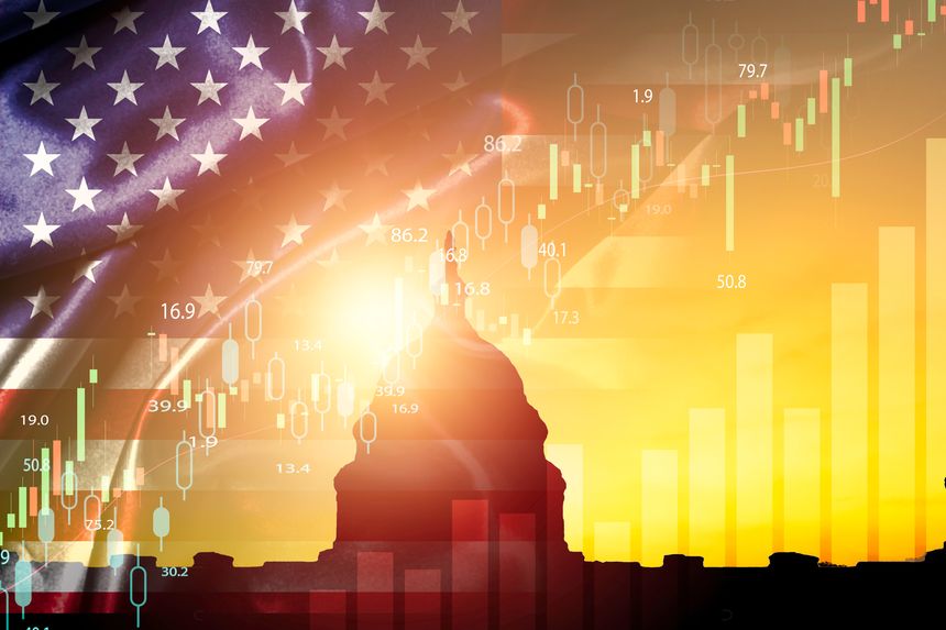 Silhouette of White House with united state of America flag and stock market chart for USA election president related with economy and investment concept.