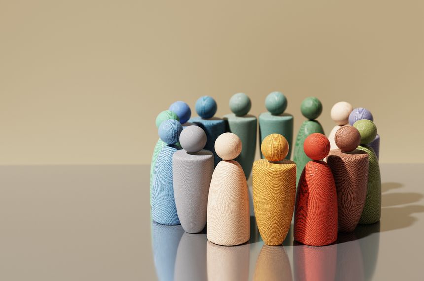 Abstract Wooden People – Teamwork, and Success Concept. The scene symbolizes people working together to build ideas, manage resources, and achieve common goals in business 3D rendering