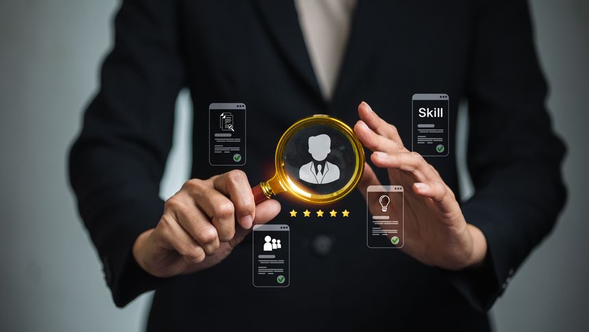 HR manager evaluates a candidate profile with skills and five-star rating under magnifying glass. Concept of recruitment, talent acquisition, resume screening, background check, and performance review.