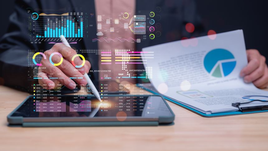 Data Analytics in Action, Professional utilizes tablet to analyze data, modern analytics methods through visual representations and charts