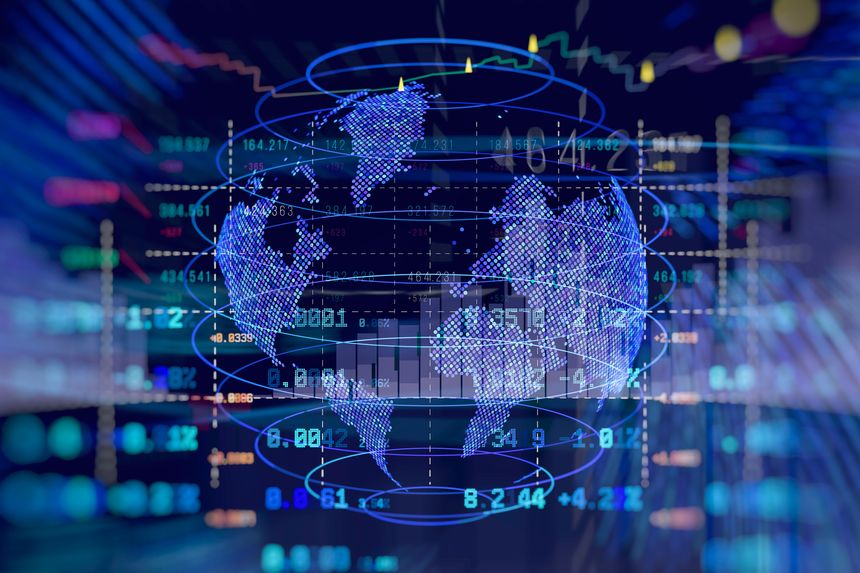 High-tech abstract background global financial market interface with world map and digital candlestick chart overlay. Concept for international economics, blockchain and cryptocurrency trading