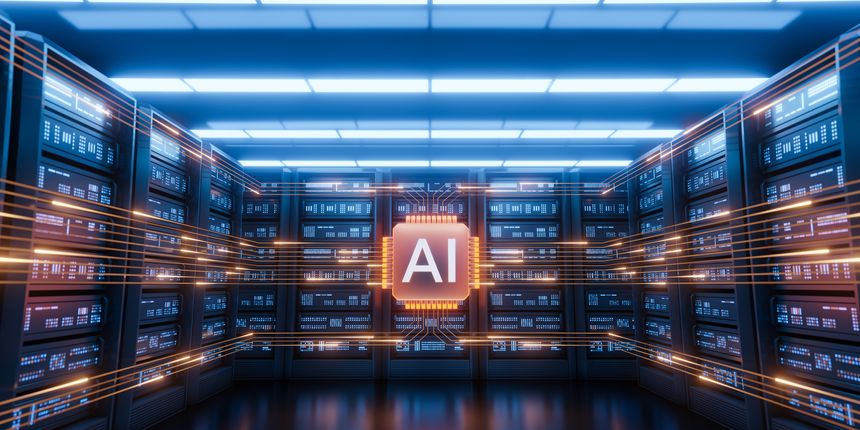 Futuristic AI server room, glowing AI chip, dynamic data flow connecting server racks. Artificial intelligence, big data, computing, machine learning, neural networks, technology concept, digital