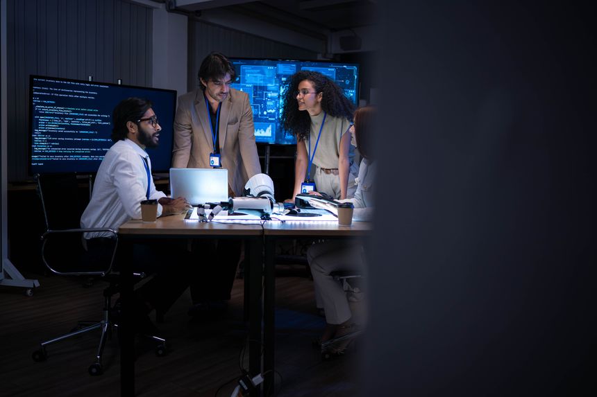 Technology professionals presenting digital analytics and software interface during corporate strategy meeting in modern innovation office environment