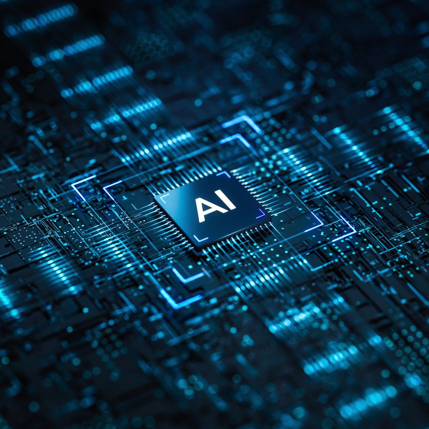 Artificial Intelligence AI Processor on Circuit Board.