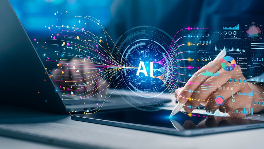 Data Science and Big Data Analytics concept. Analyst uses AI technology for Complex Data Analysis, Data mining, and Business analytics. Data flow,machine learning automation, and AI analytics system.