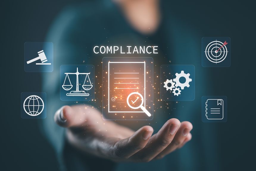 Business compliance and regulation concept showing digital document with check mark icon, symbolizing legal standards, corporate governance, risk management, policy, quality control in modern business